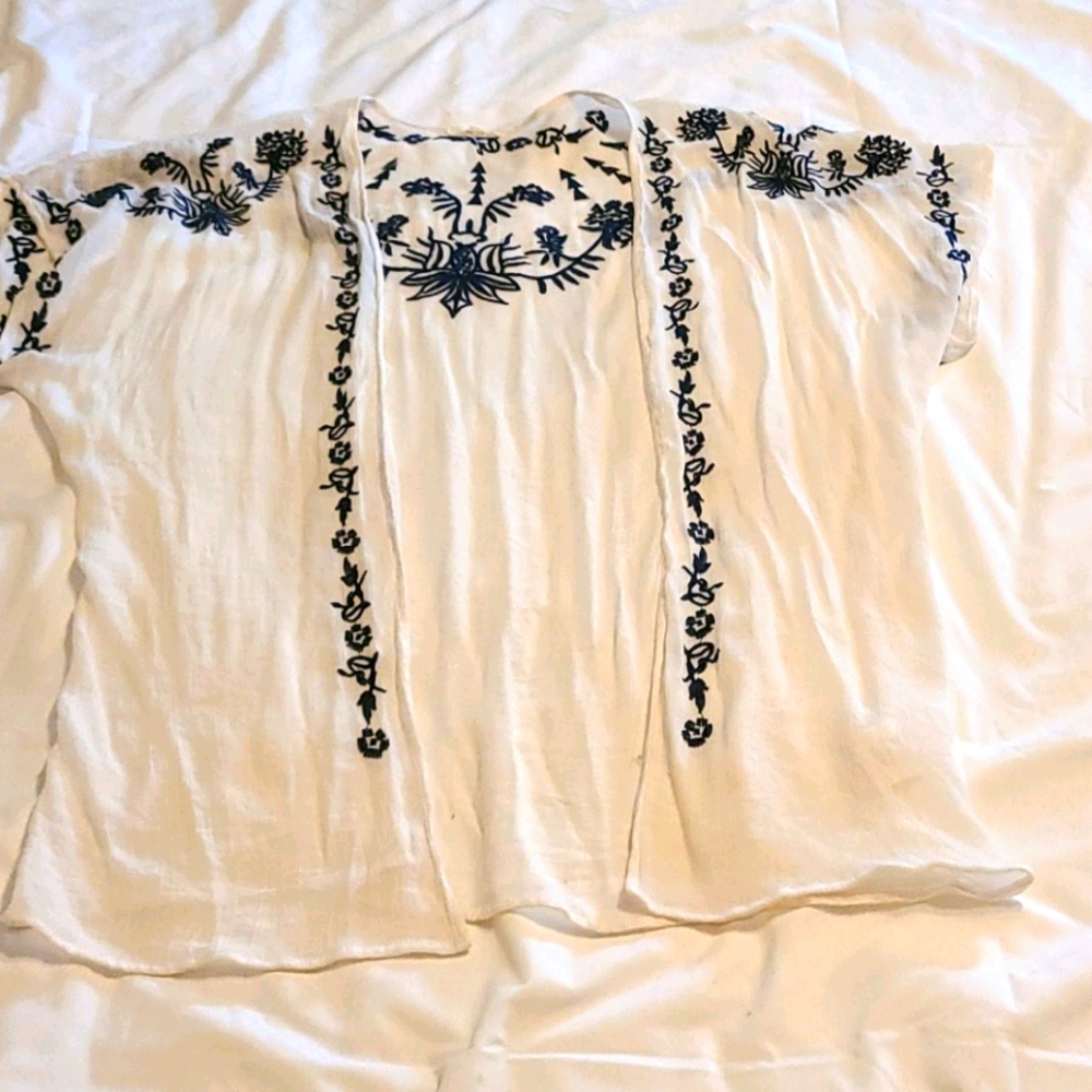 Thin White Blue Embroidered Cover Up